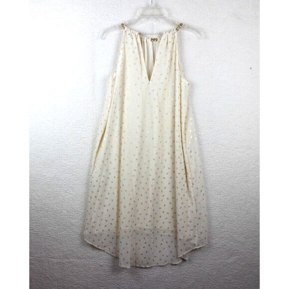 Michael Kors Size XS Beige Gold Print Hi Low Halter Dress Chain Collar - Picture 13 of 13